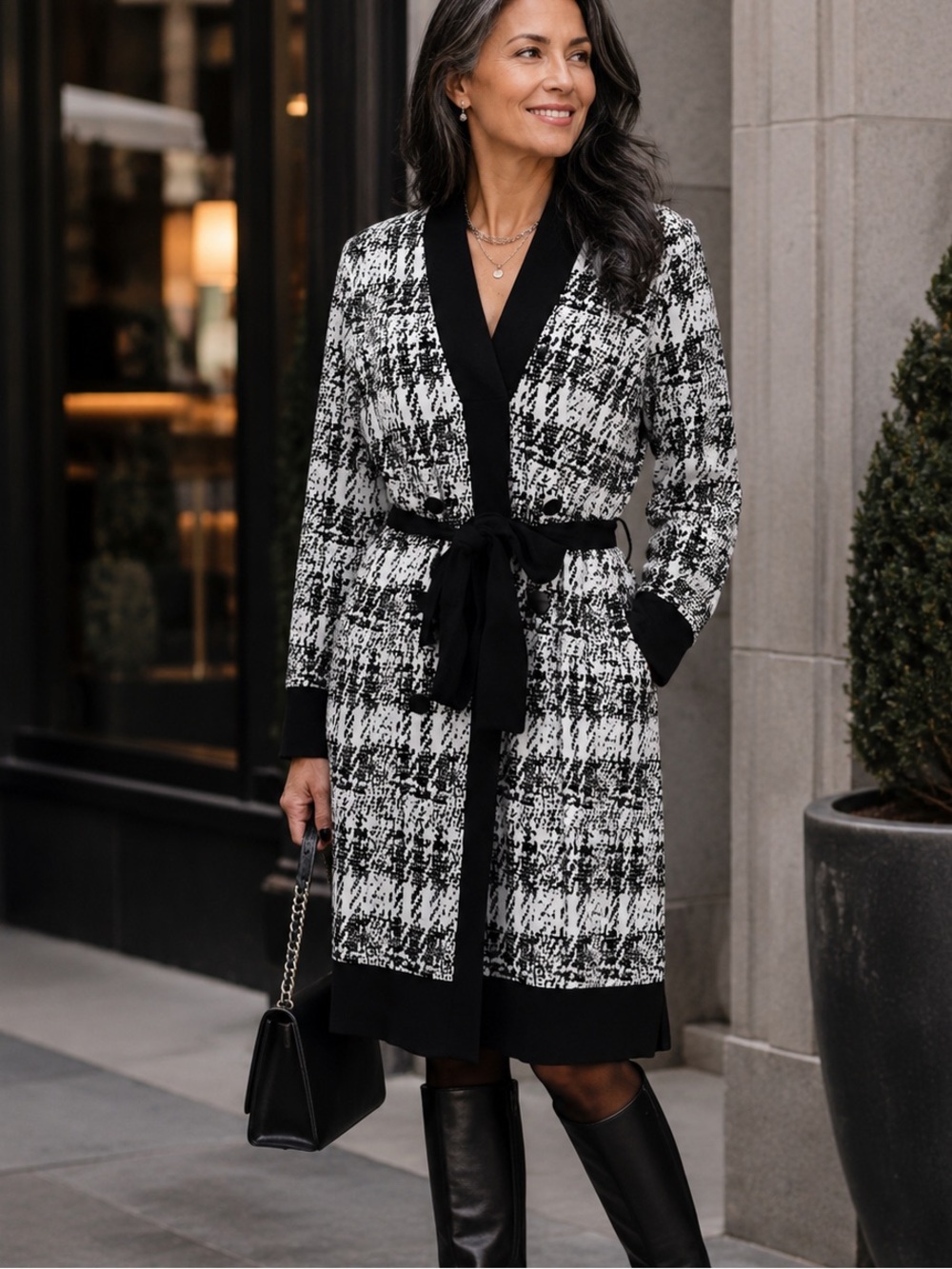 DKNY Houndstooth Sweater Dress with Belt - Picture 2 of 4